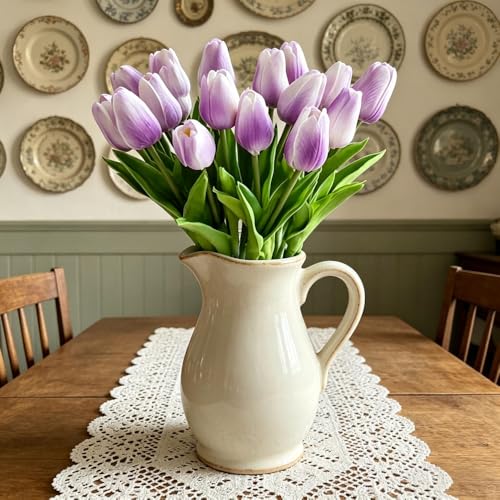 PU Real Touch Tulips Artificial Flowers 20 Pcs Fake Flowers Arrangement Bouquet for Home Office Wedding Decoration (Purple) - color: Purple 20pcs