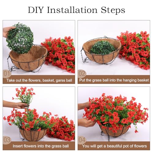 Hananona 24 Pcs Artficial Outdoor Flowers with Hanging Baskets, 2 Pack Hanging Planter with Red Outdoor Spring Flowers for Christmas Porch Home Patio Yard Decor (2, Red) - color: Red