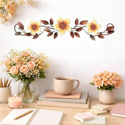 Wesiti Metal Flower Wall Decor Vintage Metal Flower Wrought Iron Scroll Sculpture 15.7''x3.7'' Not 3D, Flat Farmhouse Leaf Wall Decor with Nails for Summer Bedroom Kitchen Indoor Outdoor(Yellow) - color: Yellow