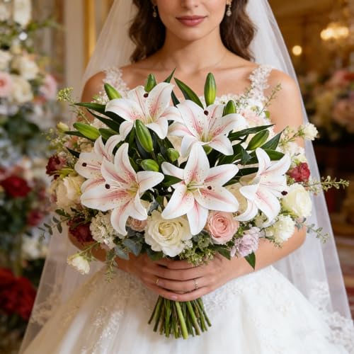 Kimura's Cabin 6Pcs Tiger Lily Artificial Flowers Real Touch Faux Lilies with Stems Fake Plants Lilys Bouquet for Easter Floral Arrangements Wedding Home Table Centerpiece Decor(Pink core White) - color: Pink Core White