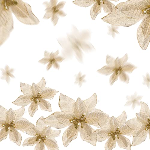 Geosar 100 Pcs 3 Size Christmas Poinsettia Flowers with Clips Glitter Artificial Flowers Small Christmas Tree Ornaments Faux for Xmas Party DIY Craft Wreath Garland New Year, 3/4/6 Inches(Gold) - color: Gold