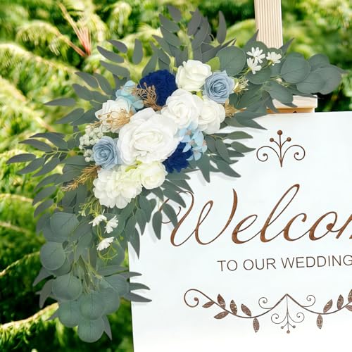 Wedding Arch Flowers 2 Pack, Artificial White Roses and Greenery Swag for Welcome Sign Decorations, Ceremony Backdrop - color: Blue