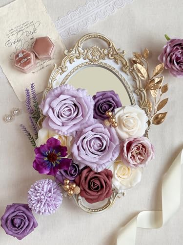FACINOC Roses Artificial Flowers Purple Fake Flower with Stems Bulk for DIY Wedding Bouquets Bridal Baby Shower Centerpiece Table Decorations Silk Faux Floral Arrangements for Party Home Decor Indoor - color: Purple Fake Flowers