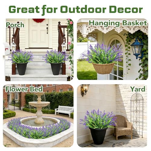 Faux Flowers for Outdoor Planters – 20 Bundles Fake Plants Outdoor, UV Resistant Artificial Plants & Flowers with Fake Monkey Grass, Faux Outdoor Plants for Porch Patio Garden Decor - color: Purple