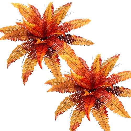 Dremisland Artificial Fall Plants Artificial Fall Ferns for Outdoors, Set of 2 Bouquets 25.5" Diam Fake Ferns Artificial Boston Fern Fake Plant Shrubs for Autumn Halloween Garden Fall Porch Decor - color: Fall-2pcs