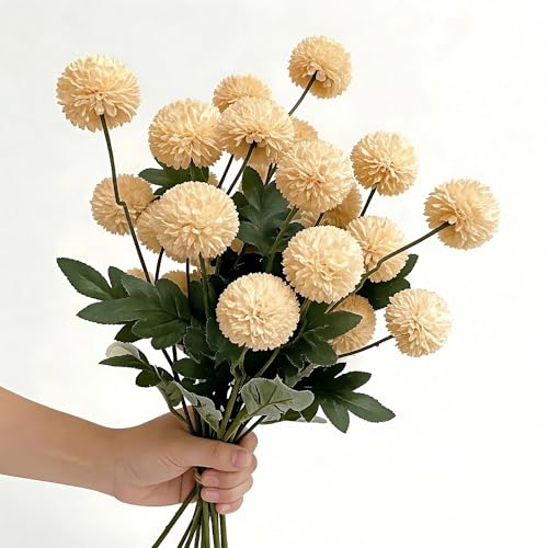 5PCS Champagne Artificial Flowers Dandelion Ball Floral Stems, 5 Head Real Touch Faux Flowers for Vase Filler Spring Home Decor Easter Decorations Farmhouse Centerpiece Wedding Arrangements - color: 5pcs Champagne
