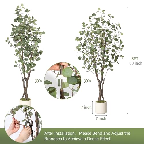 GarveeHome Artificial Eucalyptus Tree Indoor, 5 ft Tall Fake Artificial Plant with White Planter，Large Faux Floor Plant Fake Silk Trees Artificial Trees for Home Decor Indoor - size: 5ft
