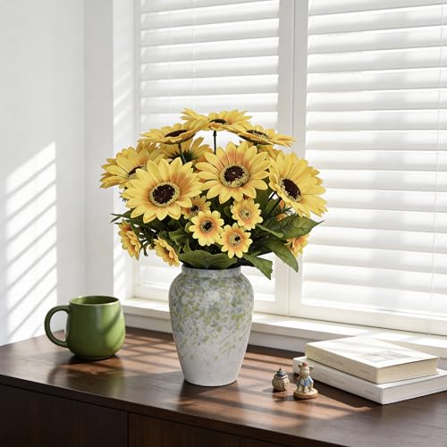 14" Artificial Sunflowers Arrangement in Green & Blue Speckled Ceramic Vase – Faux Sunflower Floral Centerpiece for Spring Home Décor, Tabletop, Shelf & Office Decoration