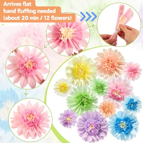 Pastel Paper Flowers, 12 Pcs Paper Flowers Decorations for Pastel Party Decor, 6 Inch, 12 Inch Crepe Paper Flower for Wedding, Party, Baby, Bridal Shower, Nursery Wall Decor, Bulletin Board - color: Pink Blue Green