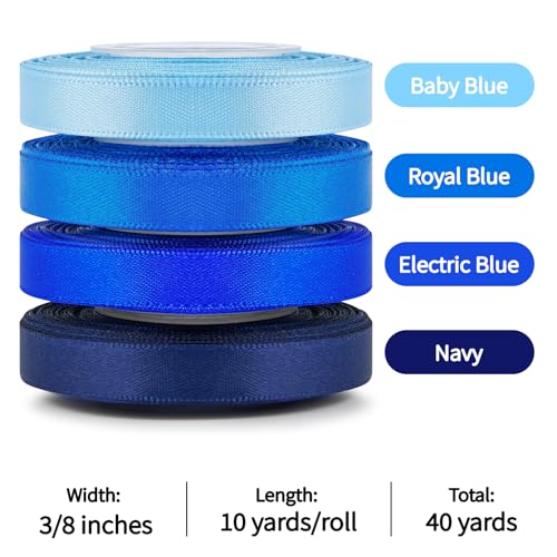 Mauproy 3/8 Inch Blue Satin Ribbon, 4 Rolls Total 40 Yards, Double Faced Mixed Blue Thin Ribbon for Gift Wrapping, Flower Bouquets, Crafts, Wedding, Father's Day Decorations - color: Blue