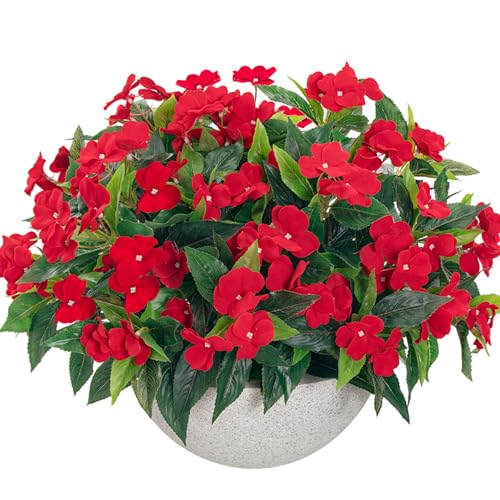 Uqueeten15.7” Fake Flowers Artificial Flowers for Outdoor,Silk Artificial Impatiens Bouquet Flowers for Outdoors，Spring Flowers Flores Artificiales para Decoracion Indoor Decor 8PCS(Red) - color: Red-8