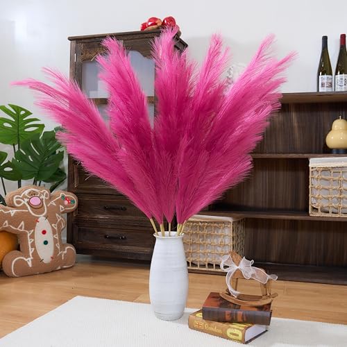 Premium Faux Hot Pink Pampas Grass – Fuchsia 43.3″ 8pcs Tall Fluffy Decor, No Assembly 18-Branch One-Piece Stems for Floor Vase Decor, Luxury Silk-Feel Feather Flowers (8 pcs/110cm) - color: Faux Hot Pink, size: 8pcs 43.3"(110cm)