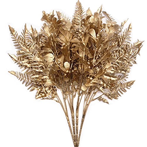 Artificial Flowers Christmas Decor, Golden Leaves Boston Branches Fern Plants Fake Berry Grass for Wedding Bridal Bouquet DIY Party Hall Indoor Home Office Table Centerpieces Decoration - Gold 4 Pack - color: Gold Boston Grass 2pcs & Berry Leaves 2pcs