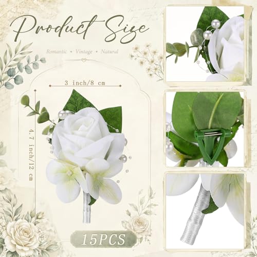 MTLEE 15 Pcs Burgundy Boutonniere for Men Rose Wedding Boutonniere with Pin Groom Groomsmen Buttonholes Man Suit Corsage for Vintage Wedding Ceremony Anniversary Dinner - color: White, style: Rose