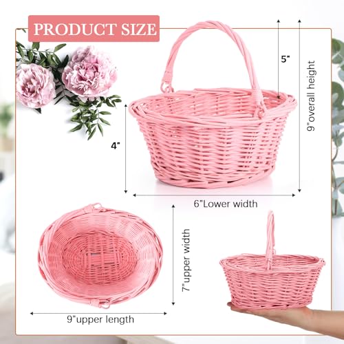 Barydat Small Wicker Basket with Handle Flower Girl Baskets Oval Willow Woven Braided Gift Basket for Weddings Picnic Baby Shower Home Garden Decor(6 Pcs,Pink,9" x 7" x 4") - color: Pink, size: 9" x 7" x 4"