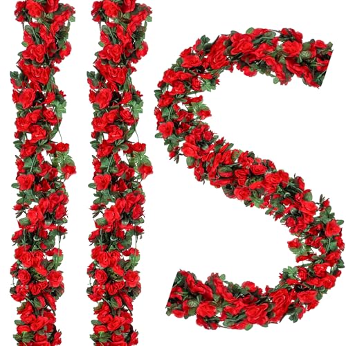 BSMYBO 5Pcs 41FT Artificial Red Flower Garland, Fake Hanging Flower Vines Wine Red Rose with Green Leaves, Faux Silk Flower for Backdrop Decoration Tea Party Wedding Birthday Anniversary Bedroom - color: Wine Red, size: 5pcs
