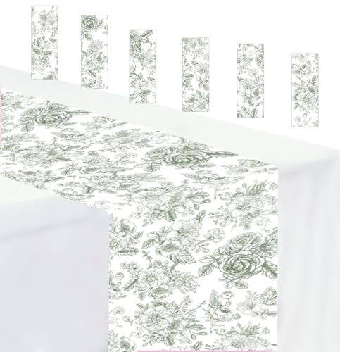 6 PCS Sage Green Floral Table Runner 14 x 108 Plastic Flower Table Runner for Party Birthday Baby Shower Bridal Shower Wedding Disposable Table Runners - color: Green Floral Table Runner, size: 6 PCS