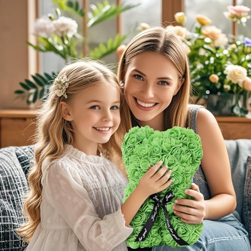 DuHouse Rose Bear Rose Teddy Bear Flower Gift Box for Valentines Gifts Anniversary Christmas,Birthdays Bridal Showers -Fully Handmade 10 inch Flower Bear Clear Gift Box(Green with Necklaces) - color: Green
