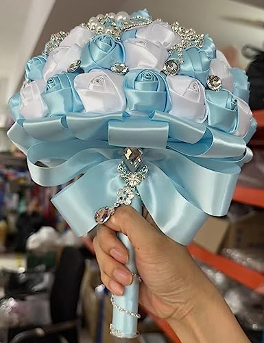 Sharebeauty 8.3" Handmade Satin Rose Bridal Bouquet Toss Round Wedding Bouquet Throw Toss Artificial Flower Bunch Light Blue + White - color: Light Blue/White, size: 8.3"/21cm