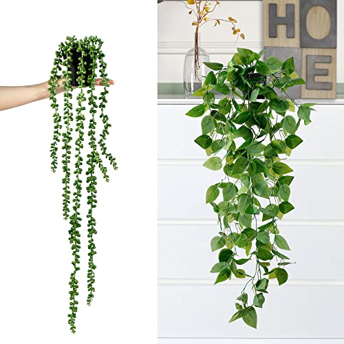 Sggvecsy Fake Hanging Plants 4 Pack Artificial Hanging Plants Fake Potted Greenery Faux Eucalyptus Vine String of Pearls Boston Fern Ivy Vine Leaves for Home Indoor Outdoor Shelf Wall Garden Decor - color: Green, size: 4 Pack