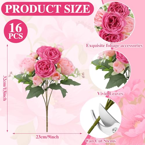 16 Pack Pink,Hot Pink Peonies Artificial Flowers,Fake Silk Hydrangea Bouquet for Bridal Wedding Home Table Decor Reusable Dining Opening Ceremony Birthday Arrangement Faux Floral - color: Pink,hot Pink
