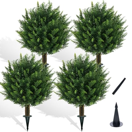 Chillchard 21" Artificial Cypress Topiary Outdoor Plants with Spike, 4 Pack Faux Cedar Bushes UV Resistant Fake Shrubs for Front Porch Décor - color: 21 Inch - 4pack