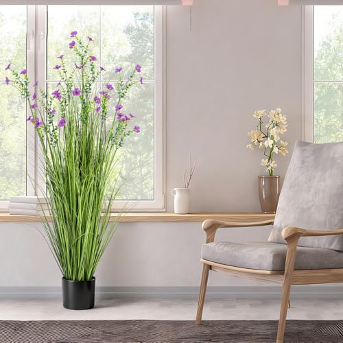 Jexine 2 Pack 4ft/47inch Artificial Grass Plant Outdoor Artificial Greenery Grass in Pot with Fake Purple Flowers for Spring Room Office Indoor Outdoor Decor Housewarming Gifts - color: Purple Fuchsia, size: 4ft