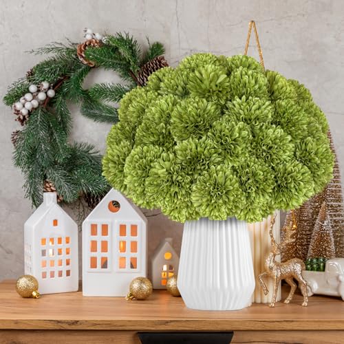 36 Pcs Artificial Chrysanthemums Flowers Green Ball Flower Silk Fake Mums Flowers for Home Decor Outdoor Wedding Floral Arrangement St Patricks Day Table Centerpiece - color: Green