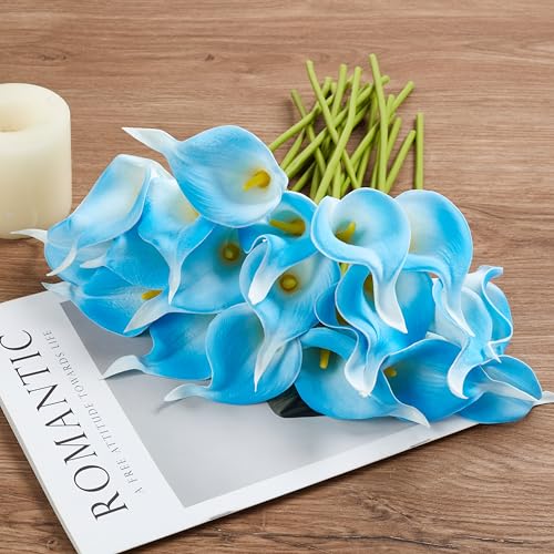 Artificial Calla Lily 12Pcs Blue Real Touch Faux Flowers for Wedding Bouquet, Bride Bridal Shower, Spring Home Kitchen Table Decor, Fake Lilies for Centerpieces, Party Decorations - color: White Blue