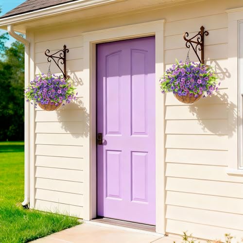 Artificial Flowers Hanging Baskets, Multicolor 12 Bundles Faux Flower with Ferns Outdoor Hanging Basket Spring Summer Decoration, Fake Flowers Plants for Porch Patio Balcony Home Yard Decor - color: Double Purple With Ferns