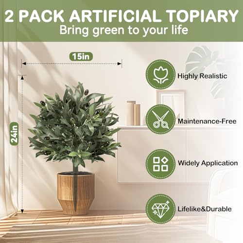 ENVEN Artificial Topiary Ball Trees with Ground Spikes UV Resistant Faux Greenery Shrubs Fake Shrubs for Outdoors, Realistic Faux Plants Bushes for Garden Porch Yard Patio Decor (Green) - color: Green