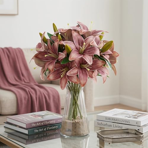 ATFL Artificial Lilies Flowers,9 Pcs Faux Lily Flowers,16''Tiger Lily Branches with 2 Full Blooms and 1 Bud,Faux Fake Lilies Plants for Wedding Bouquet Floral Arrangements (9, Brown) - color: Brown