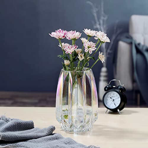 Glass Vase - Modern Ribbed Glass Vase for Flowers, Candles, and Decorative Accents -Black Grey, Amber, Clear and Colored Tall/Short Glass Vase for Centerpieces Home Table Decor (Colored, H-7.87inch) - color: Irised, size: H-7.87inch