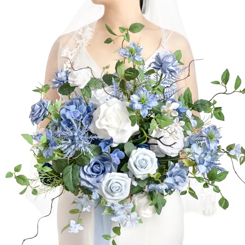 Ling's moment Dusty Blue Wedding Bouquets for Bride, Blue and White Bridal Bouquets for Bride,15 Inch Free Form Artificial Wedding Flower Bouquet - color: Blu-provence Blue, size: Medium 15 Inch