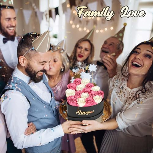 ADDWel Romantic Preserved Roses Bouquet for Her Anniversary, Birthday Flower Gifts for Women, 16-Pieces Eternal Roses with Natural Fragrance in Heart-Shape Box for Wife Girlfriend Mom - color: Pink & White