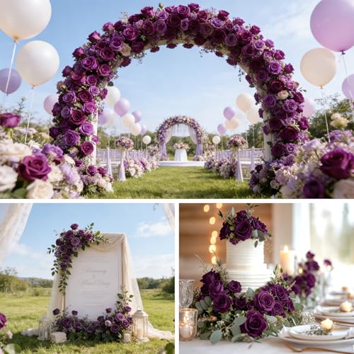 12Pcs Realistic Fake Roses Faux Flowers with Long Stems, Artificial Silk Rose Flowers for Valentines Day Home Wedding Decor Bridal Bouquet (Purple) - color: Purple