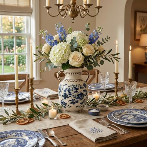EFISPSS Ceramic Vintage Vase,Spring Decor Unique Chinese Crackle Floral Handle for Dining Room Mantle Living Room,Blue - color: Blue