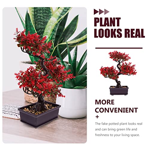 EXCEART Artificial Bonsai Tree Plastic Faux Potted Plant Desktop Decor 14.2X11.8X3.9 Inches No Maintenance Realistic Greenery for Home Office - color: Red