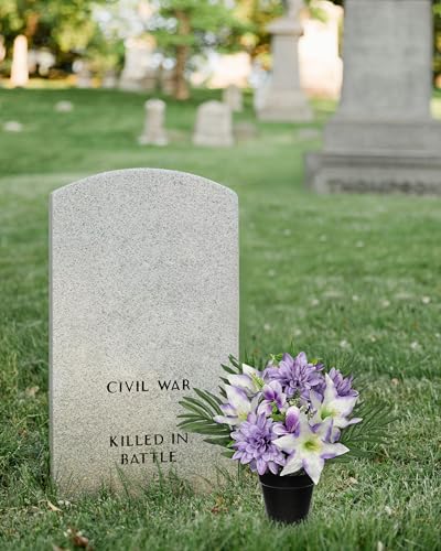 Hollyone Artificial Cemetery Flower for Graves, White Purple Faux Lily Dahlia Flowers in Pot Silk Cemetery Memorial Flowers for Outdoors Gravesites Headstones Home Decoration - color: Purple-dahlia Lily
