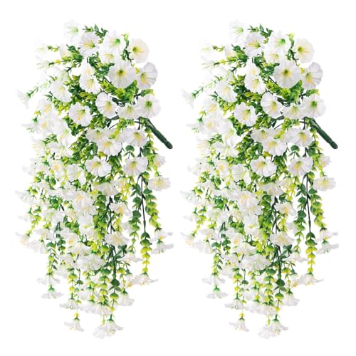 Ivydale 2 PCS Artificial Hanging Flowers Fake Plants for Winter Christmas Outdoor,Faux Silk White Morning Glory with Eucalyptus UV Resistant Realistic Hanging Petunias Vines for Home Garden Decor - color: Beige