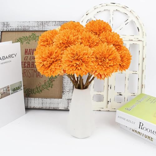 Tinsow 12 Pcs Artificial Chrysanthemum Flowers Orange Faux Ball Flowers Autumn Mums Florals Wedding Bouquet for Fall Farmhouse Home Kitchen Decoration (12, Orange) - color: Orange