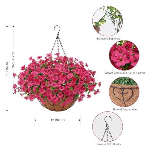 Artificial Fake Hanging Plants Flowers Basket Outdoors Outside Summer Decoration,Hanging Planters with Faux Silk Flowers Realistic UV Resistant for Home Indoor Porch Front Patio Balcony Garden Fuchsia - color: Fuchsia