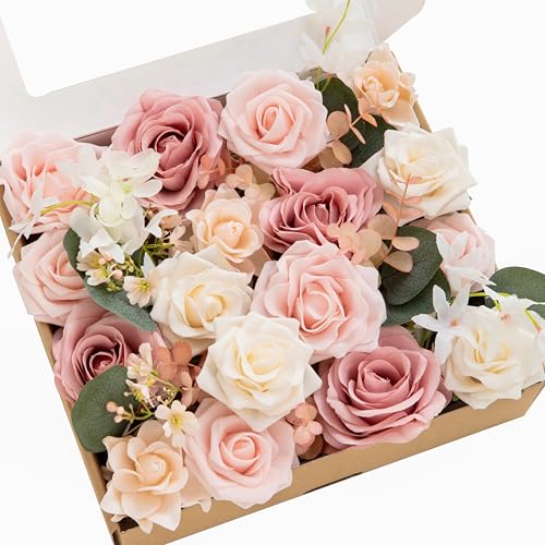 Ling's moment Fake Flowers Box, Faux Artificial Greenery Stems Foam Roses Gardenia Silk Eucalyptus Fabic Flower for Centerpieces Bouquet Wedding Vase Decorations, Dusty Rose & Pink, Grand Combo - color: Pk-dusty Rose & Pink, size: Grand