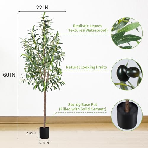 Artificial Olive Tree 5FT Tall Faux Silk Plant 60inch Fake Olive Tree with Trunk and Lifelike Fruits for Home Office Decor Indoor 1pack - color: 1pack, size: 5ft