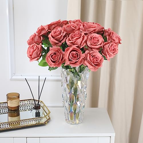 Tifuly Coral Pink Roses Artificial Flowers -12 Pcs Long Stem Silk Roses, Realistic Fake Roses with Stem for Bridal Bouquets, Home and Office DIY Decor - color: Coral Pink