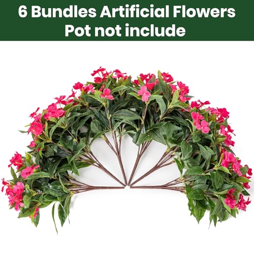 Nigirior Artificial Fake Flowers for Outdoor Décor 6 Bundles UV Resistant Fake Plants for Planter Faux Impatiens for Home Porch/Garden Stunning（Rose Red） - color: Rose Red