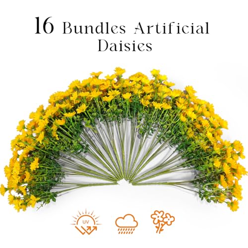 16 Bundles Silk Daisy Artificial Flowers for Outdoors UV Resistant Fake Daisies Plastic Plants Flower for Home Outside Front Door Porch Garden Patio Planters Decoration (Yellow) - color: Yellow