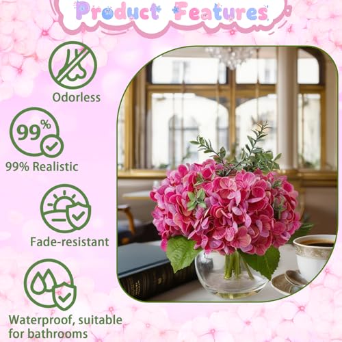 Rose Red Hydrangea Artificial Flowers with Eucalyptus in Vase Fake Flowers Coffee Table Decor Real Touch Flowers with Faux Water for Home Decor - color: A-rose Red