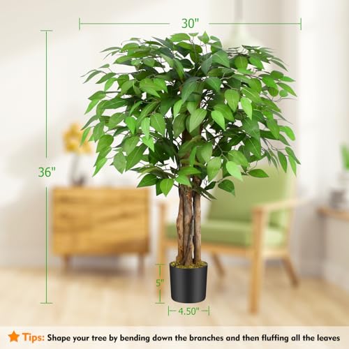 3ft Ficus Artificial Trees with Natural Curved Trunks, 36" Tall Lush Faux Tree for Home Decor Indoor, Green Lifelike Fake Ficus Tree Artificial Plants - size: 3ft