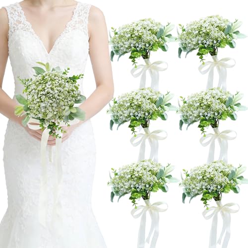 Artificial Bridesmaid Bouquets Set of 6 - Ivory White 9 Inch Flower Bouquet for Wedding Party Ceremony Anniversary Dinning Table Centerpieces Decor Faux Boho (Babys Breath & Ribbon) - color: Babys Breath